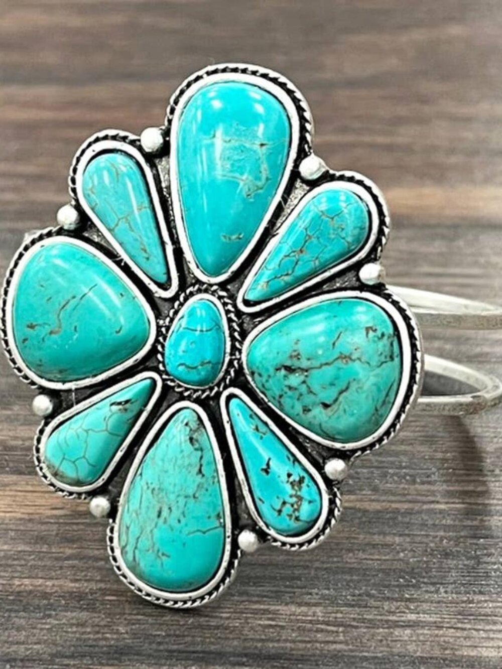 Turquoise Flower Cluster Cuff Bracelet Western Boho Silver Tone Statement